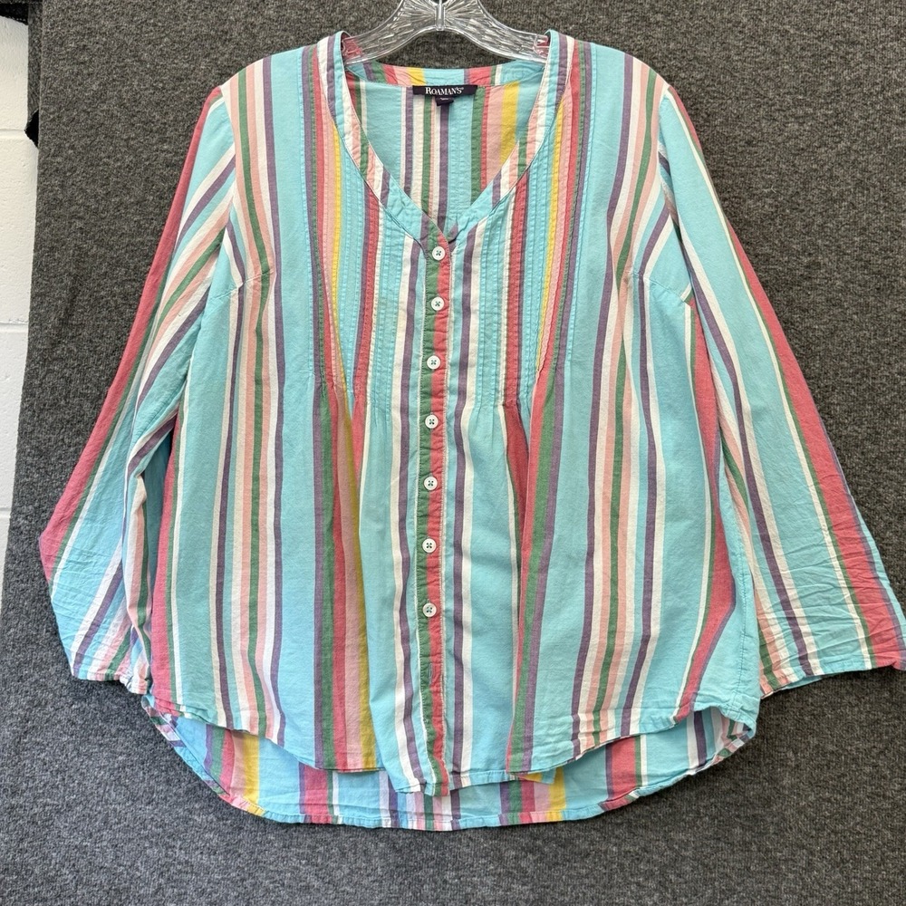 Womens Plus Full Button Top Size 14W Pleated Rainbow Striped Cotton Tunic Boho